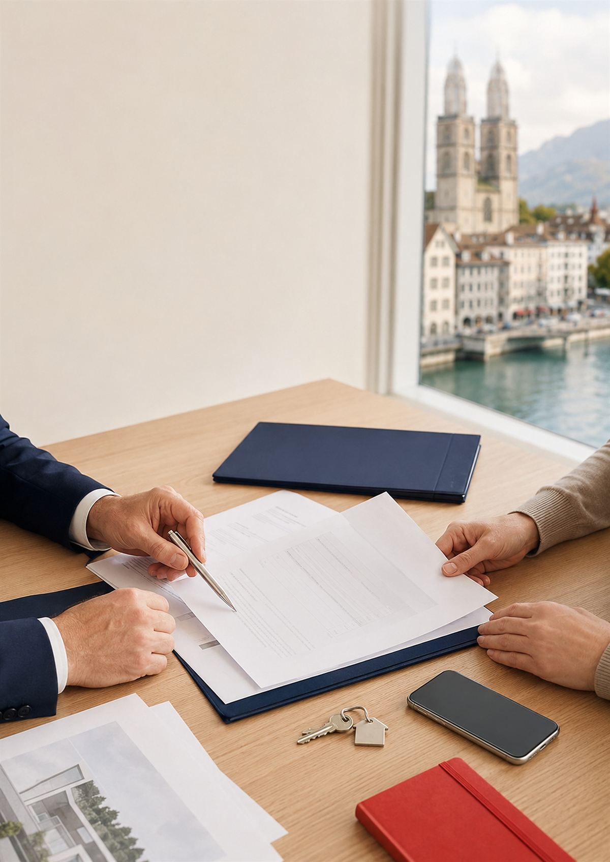 Two people go through documents at a table, with house keys and a folder next to them.