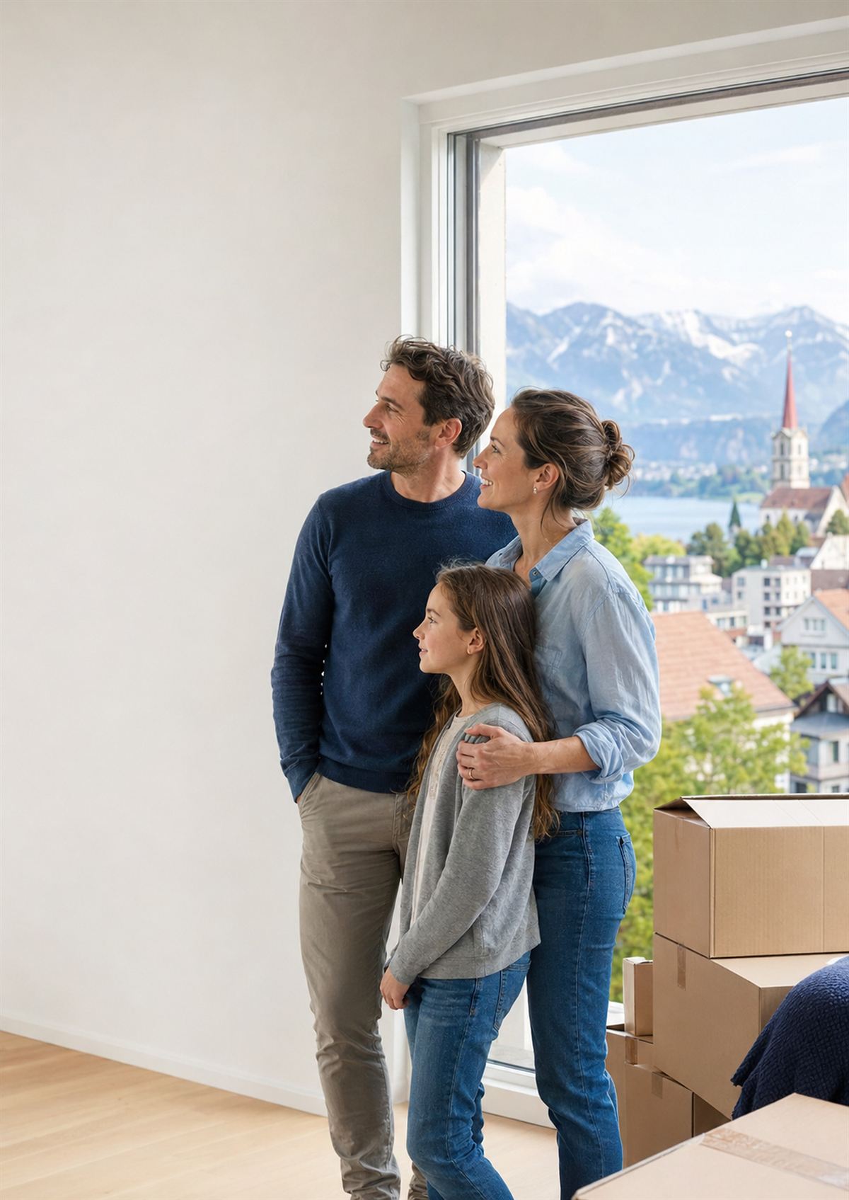 A couple with a child stands in an empty apartment by the window, with moving boxes nearby.