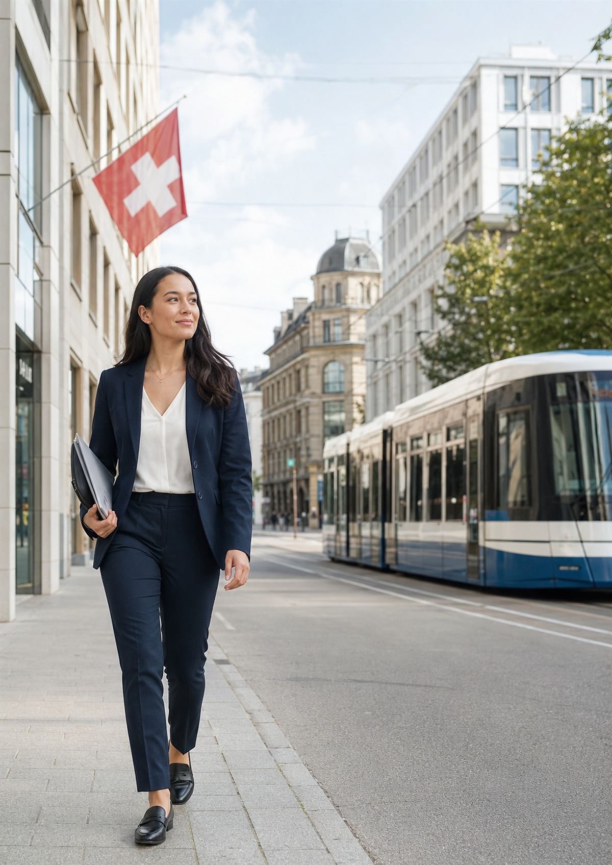 A woman with documents walks past a building with a Swiss flag, with a tram in the background.
