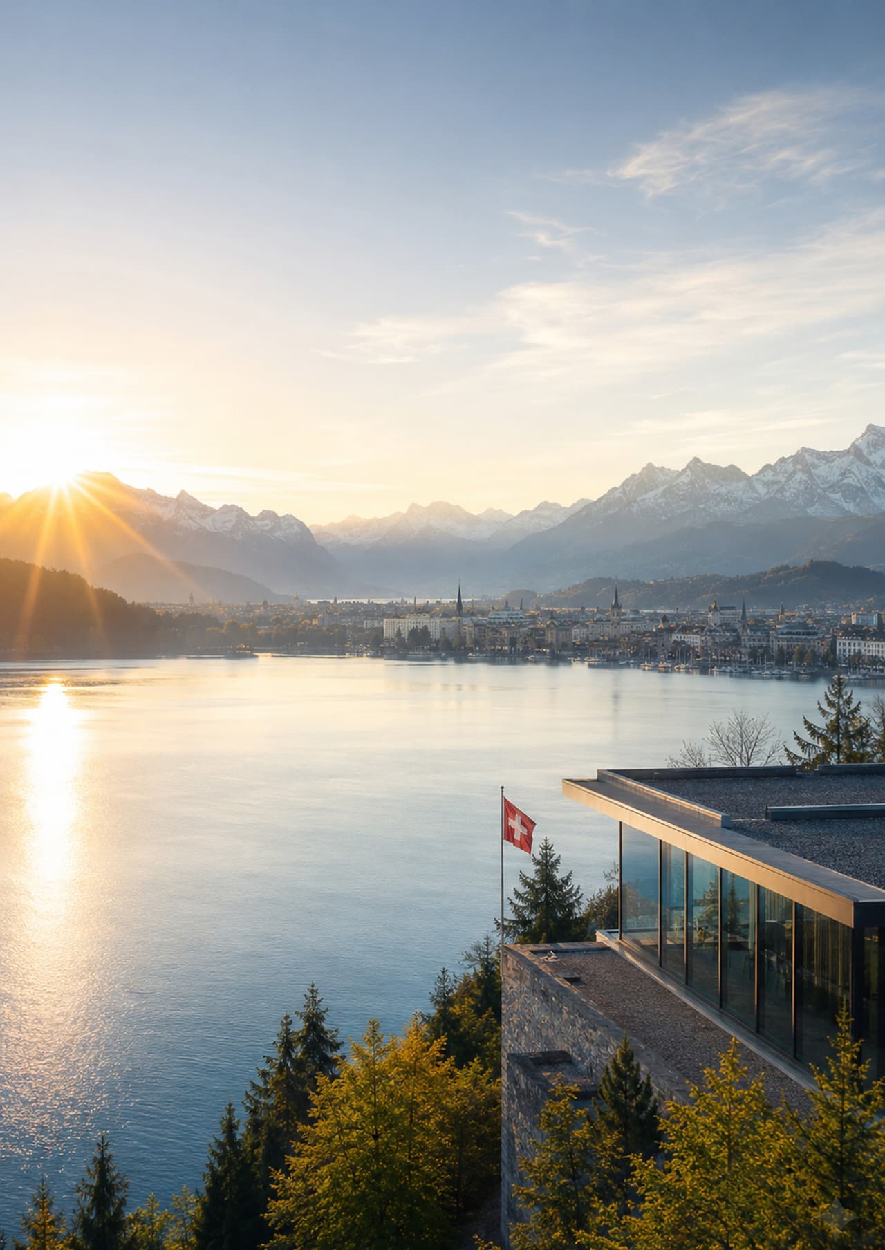 Sonnenaufgang über einem See mit Stadt und Alpenkette im Hintergrund.